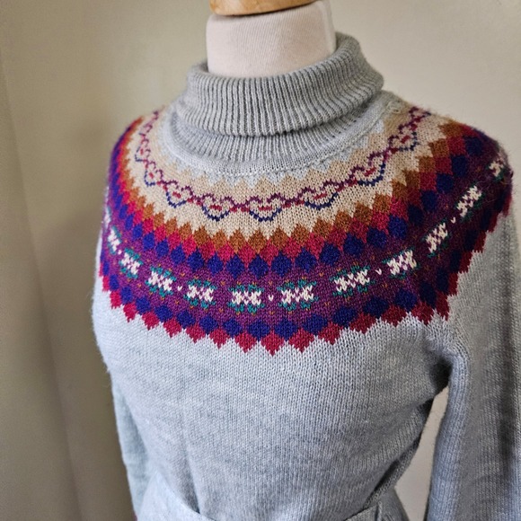 Vintage 70s 80s Celebration Grey Fair Isle Turtleneck Sweater Dress Belt Midi M - Picture 3 of 8